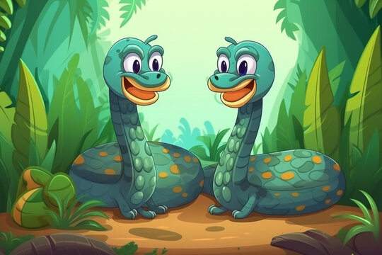 Two KingCobra Babies Sitting Together In A Green Garden Generative Ai Digital Illustration Part#170423