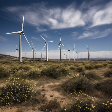 Image of a dry field with a wind energy center in the background.