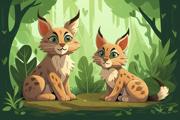 Two Lynx Babies Sitting Together In A Green Garden Generative Ai Digital Illustration Part#170423