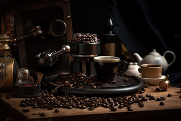 Coffee grinder and coffee beans on a wooden table. Generative AI