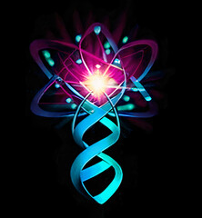 scientific research and experiment symbol includes dna, atom and energy together for academic journals or articles