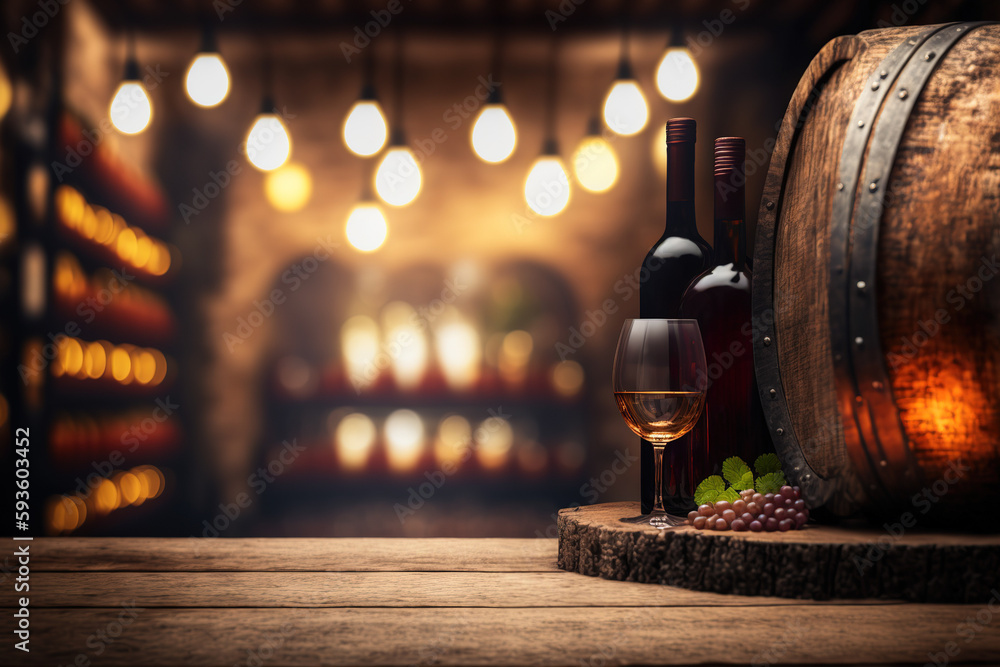 Poster empty wooden table display with blurred wine cellar background. flawless generative ai