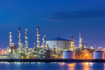 Obraz na płótnie Canvas Oil​ refinery​ with oil storage tank and petrochemical​ plant industrial background at twilight, oil and gas industry - Generative AI