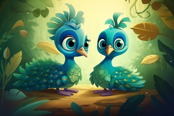 Two Peacock Babies Sitting Together In A Green Garden Generative Ai Digital Illustration Part#170423