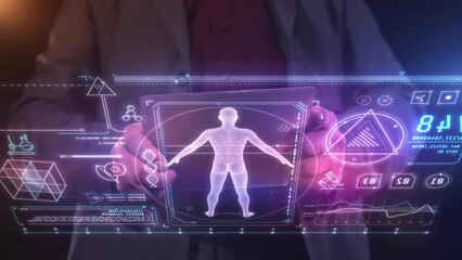 A man in a suit works in front of a virtual holographic panel.