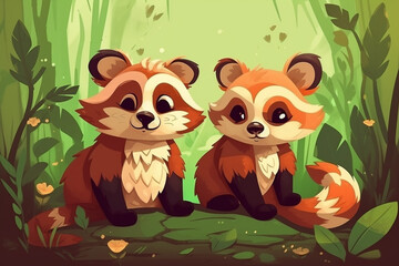 Obraz na płótnie Canvas Two Red Panda Babies Sitting Together In A Green Garden Generative Ai Digital Illustration Part#170423