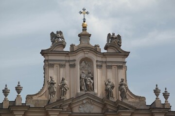 Closeup of the sculptures on top of the Roman Catholic Church of the Visitants in Warsaw, Poland