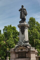 Closeup view of the monument of Adam Mickiewicz in Warsaw
