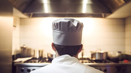 Un cuisinier vu de dos dans un restaurant - obrazy, fototapety, plakaty