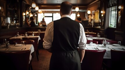 Un serveur vu de dos dans un restaurant - obrazy, fototapety, plakaty