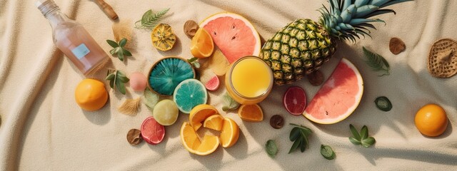 Fototapeta na wymiar A flat lay image featuring tropical fruits and drinks on a beach towel. Drinks include colorful cocktails and fresh juices. Creating a tropical escape vibe. Concept summer theme banner. Generative AI