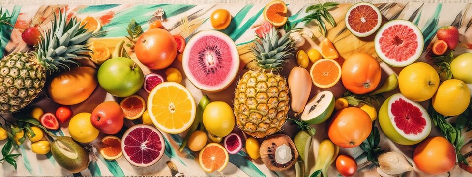A flat lay image featuring tropical fruits and drinks on a beach towel. Drinks include colorful cocktails and fresh juices. Creating a tropical escape vibe. Concept summer theme banner. Generative AI