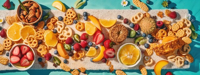 Fototapeta na wymiar A flat lay image of beach snacks such as popcorn, pretzels, and fruit on a colorful beach blanket. Concept summer theme banner. Generative AI