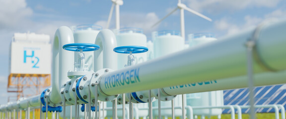 hydrogen pipeline of energy sector towards to ecology,carbon credit,Clean Energy,secure,carbon neutral,transformation,solar,power plant and energy sources balance to replace natural gas.3d rendering. - obrazy, fototapety, plakaty