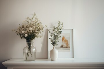 a picture of a vase of flowers on a shelf next to a white wall with a white frame on the side of it and a white wall behind it. generative ai