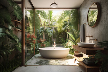 A bathroom with a bathtub in a tropical island hotel surrounded by tropical vegetation. 