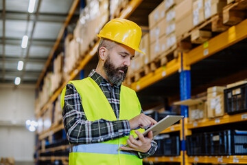 Portrait of a warehouse worker or supervisor with digital tablet.