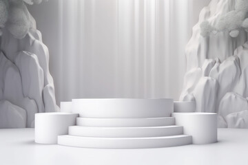 White display abstract minimal podium product package mock up presentation show cosmetic stage pedestal platform with white waterfall. Generative AI
