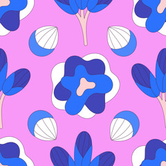Seamless floral pattern of colorful abstract flowers with black stroke. Flat style. Surface design for fabric, wallpaper, wrapping paper, covers. White, blue and pink colors. Vector illustration