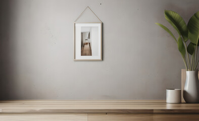minimalist abstract marble table, empty picture frame, product presentation, living room, working desk