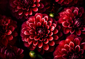 Ded blooming dahlias with vivid colours.  UHD image, dense compositions, allover composition, close up, photorealistic compositions. Created using generative AI