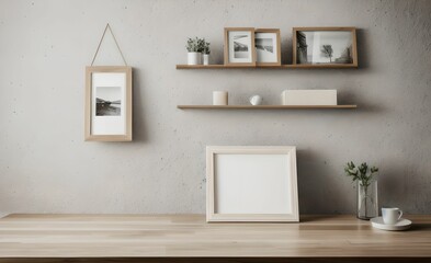 minimalist abstract marble table, empty picture frame, product presentation, living room, working desk