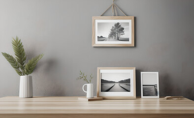 minimalist abstract marble table, empty picture frame, product presentation, living room, working desk