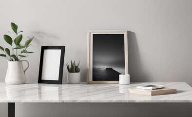 minimalist abstract marble table, empty picture frame, product presentation, living room, working desk