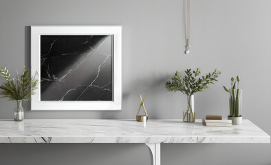 minimalist abstract marble table, empty picture frame, product presentation, living room, working desk