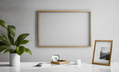 minimalist abstract marble table, empty picture frame, product presentation, living room, working desk