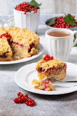 Homemade cake with berries on gray background. Yogurt pie with fresh red currant.