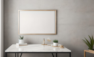 Obraz na płótnie Canvas minimalist abstract marble table, empty picture frame, product presentation, living room, working desk