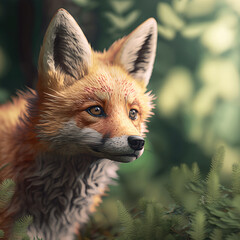 Close-up of red fox, blurry forest background, Generative AI