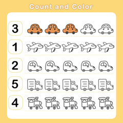 Count and color educational children activity with cute cars. Mathematics worksheet for kids. Math activities for toddlers to practice early math concepts.