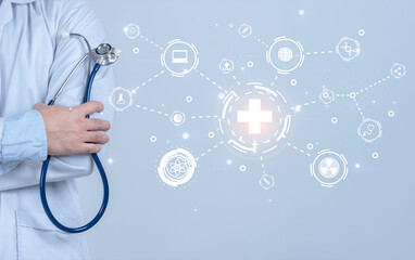 Asian smart doctor on white background,digital medical futuristic interface virtual screen