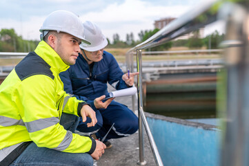 Fototapeta na wymiar Environmental engineers work at wastewater treatment plants,Water supply engineering working at Water recycling plant for reuse,Technicians and engineers discuss work together.