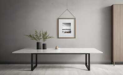 minimalist abstract marble table, empty picture frame, product presentation, living room, working desk