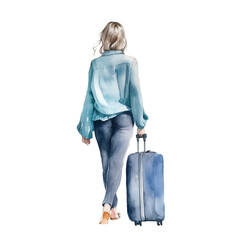 Watercolor woman with suitcase. generative ai