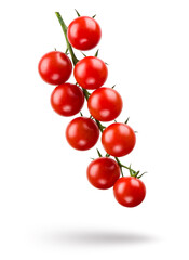 Small red cherry tomatoes bunch, isolated on white background.