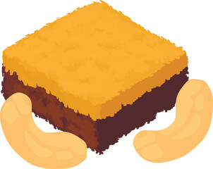 Sponge cake icon isometric vector. Homemade puff sponge cake and cashew nut icon. Dessert, food concept