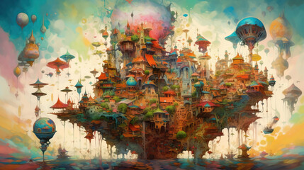 Obraz premium Surreal & Psychedelic illustration, 80s styled Surreal village landscape. Generative AI. 