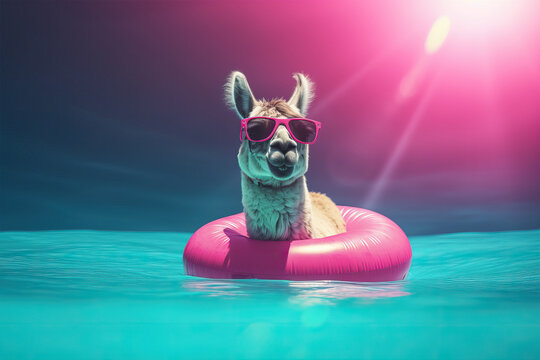 Relaxed lama chilling on a pool float in a pool. Generative AI