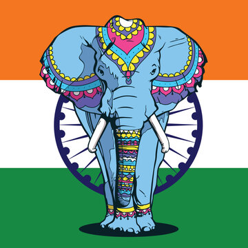 Illustration of a gray elephant in the national patterns of India. The elephant strides right at us against the background of the Indian flag
