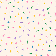 Vector abstract minimalist geometric texture with small colorful triangles, pink, blue, lilac, yellow, green. Funky modern seamless pattern. Simple cute minimal background. Repeat decorative design