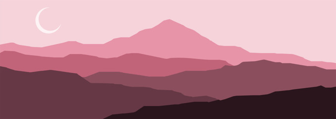 realistic mountain flat landscape vector illustration. Natural wallpapers are a minimalist, polygonal concept. Sunrise, misty terrain with slopes, mountains near the forest