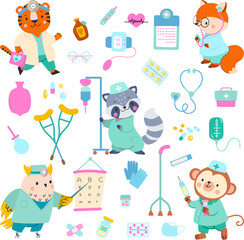 Animals doctors and pills, stethoscope and medical tools. Funny physicians, cartoon animal in doctor uniform. Pediatric nowaday vector characters