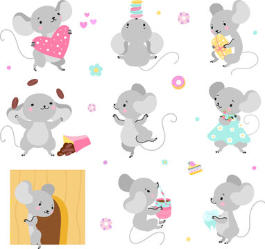 Funny cartoon mouse playing and sleeping. Mice adorable characters in different poses. Comic rats doing various things, childish nowaday vector clipart