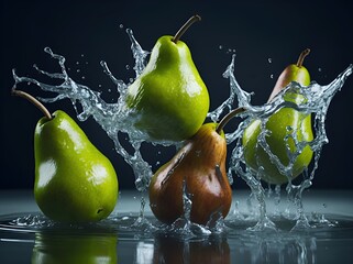 Fototapeta na wymiar Pears fruits falling into water splash. ai generative