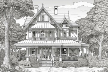 Coloring page. Landscape house in the summer. Generative AI
