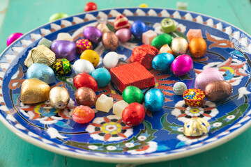 Colorful Ramadan Eid Candy and Chocolate, Traditional Ottoman Cuisine Desserts Photo in the Ottoman Tile, Üsküdar Istanbul, Turkiye